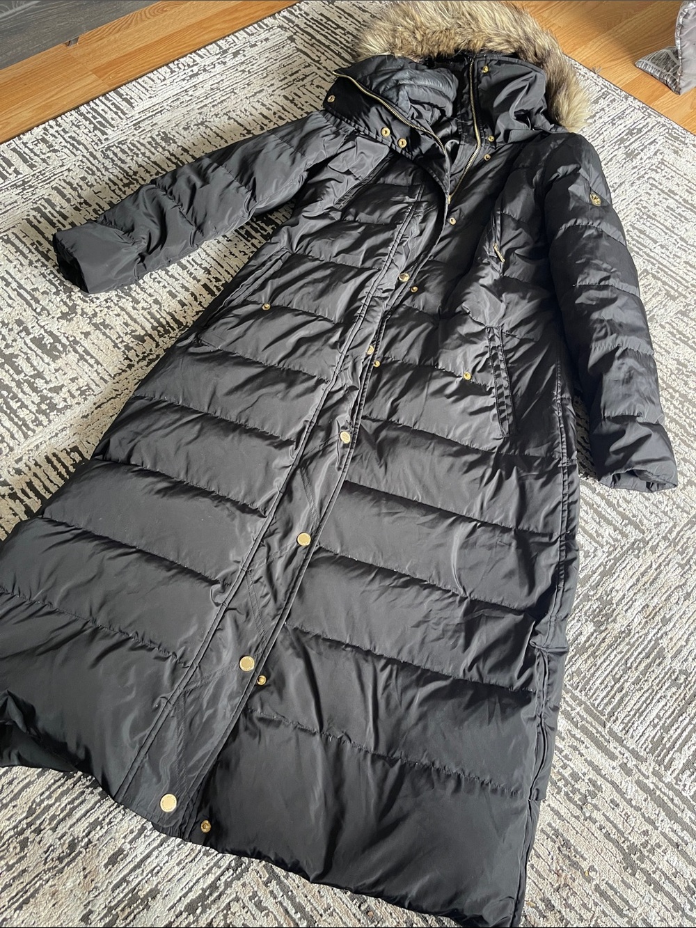 Michael Kors Black Long Quilted Puffer Coat with Faux Fur Trim